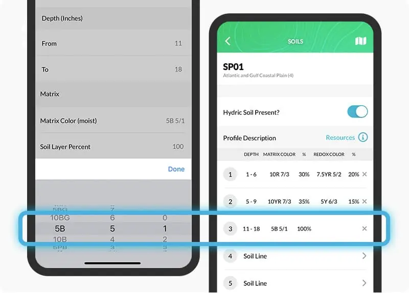 Ecobot Collector soil profile description screen showing Munsell color entry fields