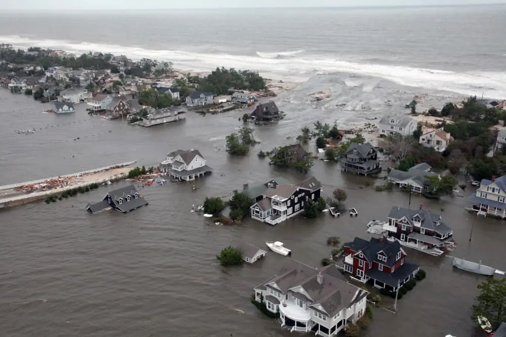 Aerial view of hurricane flooding inundating a coastal community
