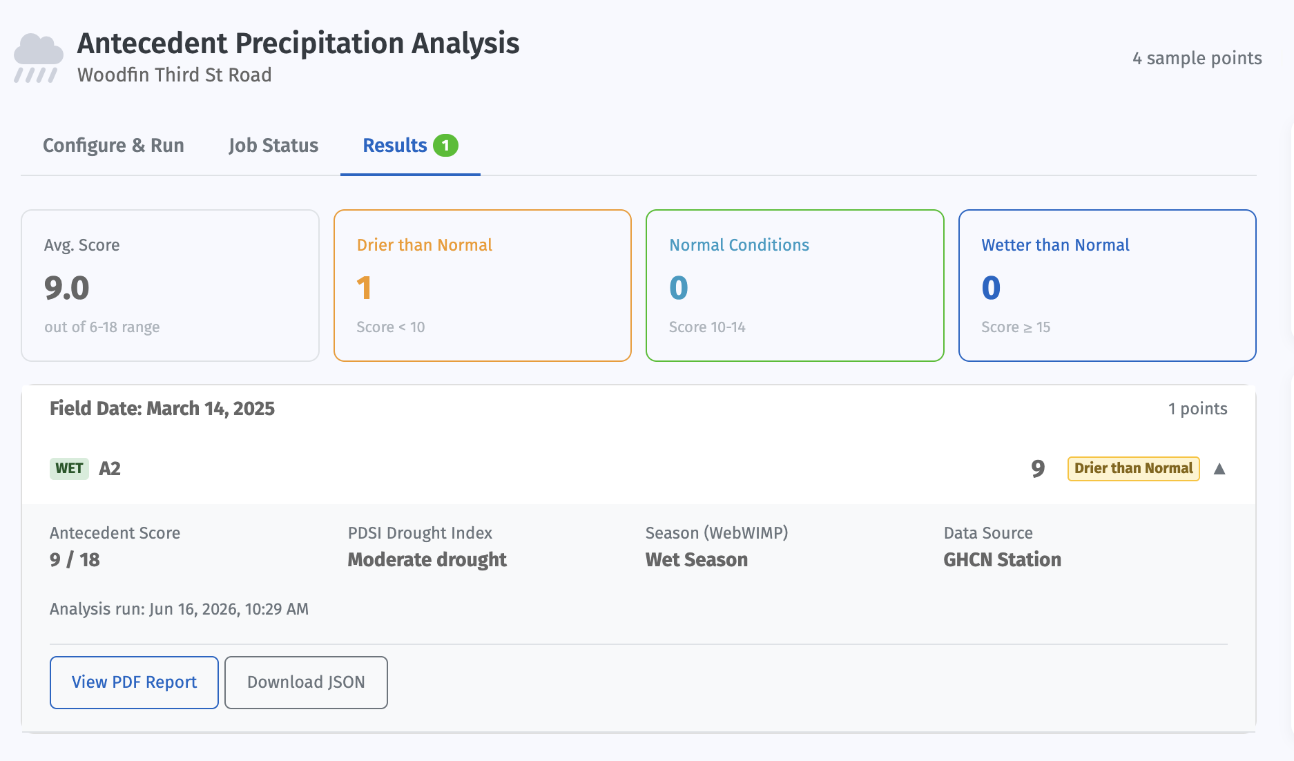 Ecobot Manager, APT Configure & Run page with sample points and observation dates.