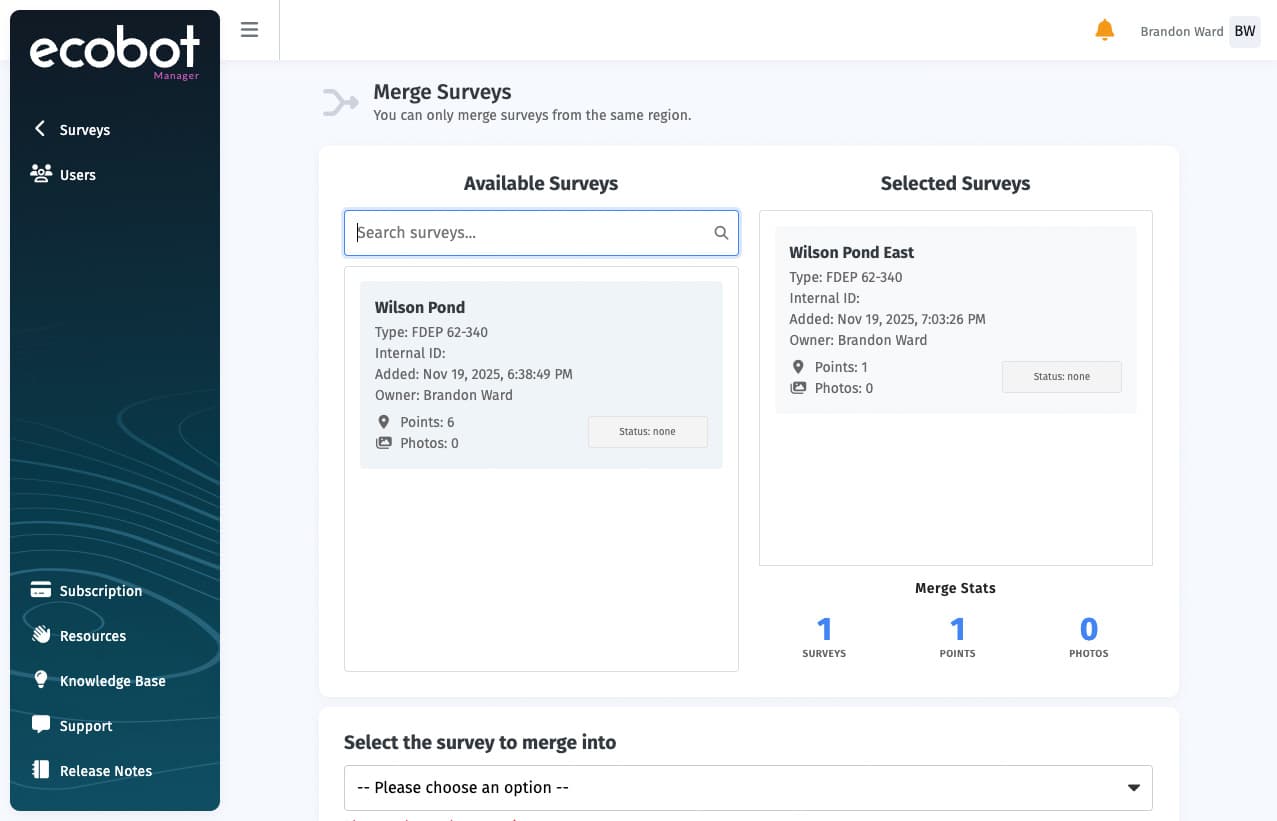 Ecobot Manager, merge surveys modal.