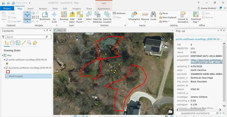 Wetland boundary data exported from Ecobot displayed in Esri ArcGIS Pro with attribute tables and spatial layers
