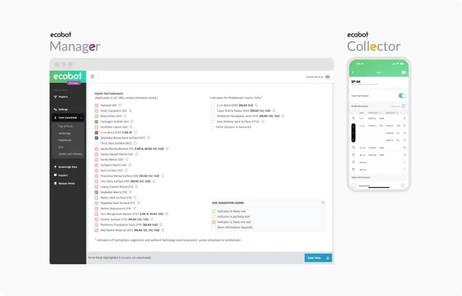 Ecobot Manager and Collector interface showing soil data entry and Munsell color notation