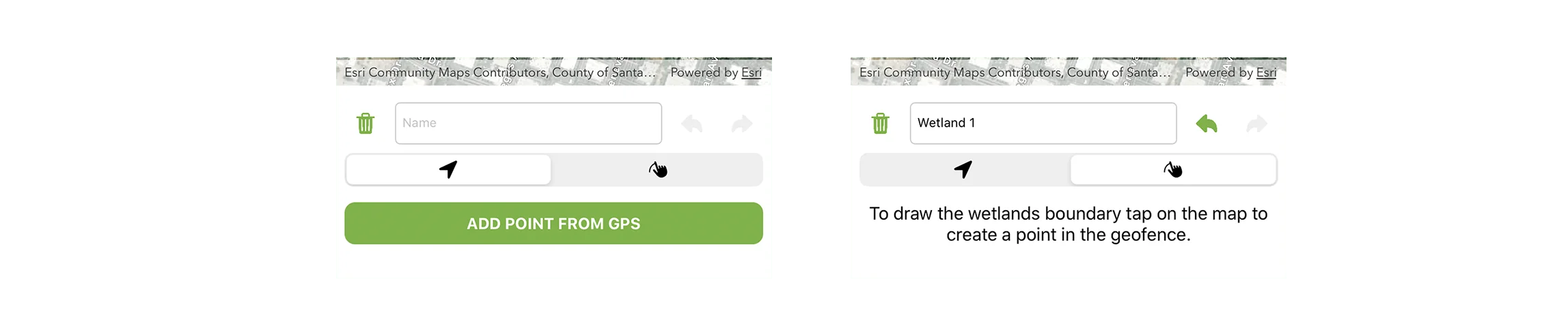 Ecobot Manager map view interface showing layer options including satellite imagery, NWI wetlands overlay, and soil survey data